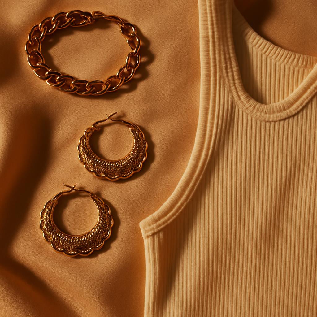 A fashionable flat lay featuring the earrings alongside complementary accessories like a gold bracelet and a chic outfit, with warm lighting that enhances the glossy shine and golden glow of the jewelry.