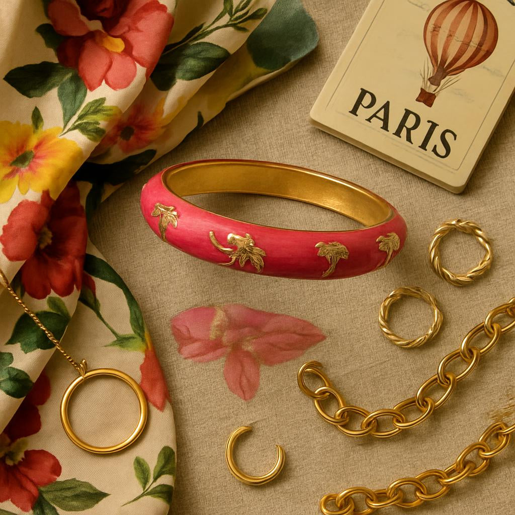An artistic flat lay composition of the bangle alongside accessories like a floral scarf, gold jewelry, and a travel-themed item, arranged on a textured fabric background to evoke a sense of adventure, femininity, and style.