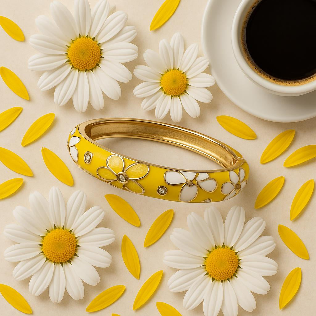 A styled flat lay featuring the gold-tone bracelet surrounded by fresh white flowers, yellow petals, and a cup of coffee, emphasizing the bright, cheerful colors and intricate details of the bangle.