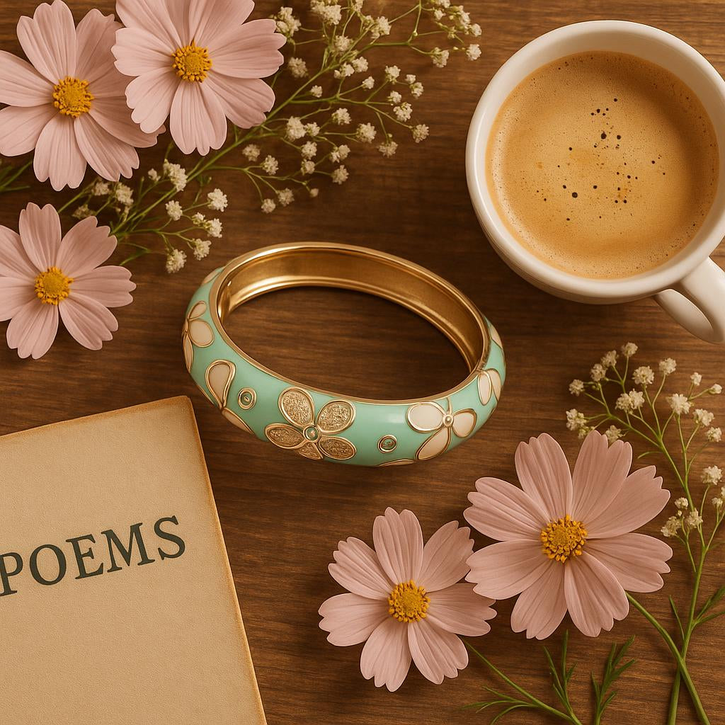 An artistic flat lay of the bangle alongside delicate flowers, a cup of coffee, and a vintage book, arranged on a wooden table to evoke a cozy, romantic brunch vibe.