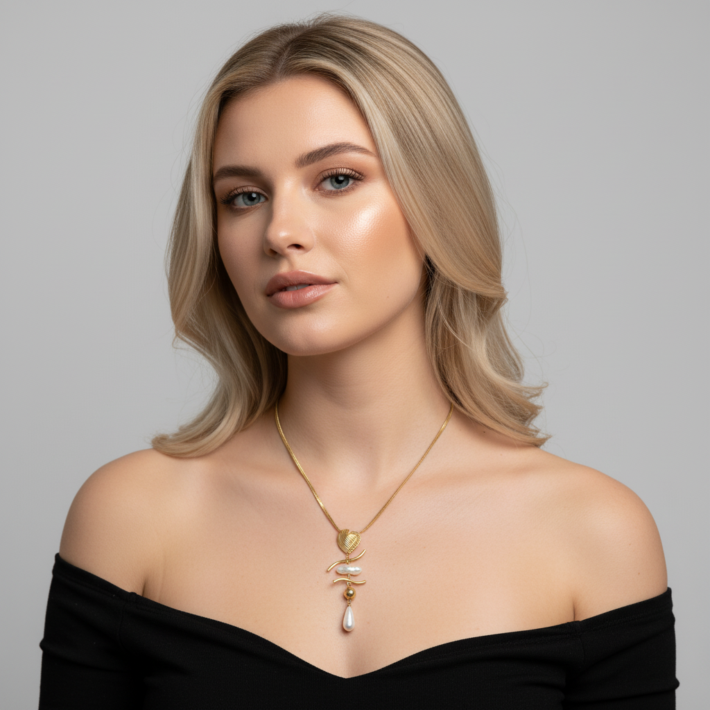 Artistic Golden Heart and Pearl Pendant Necklace | 18k gold plated