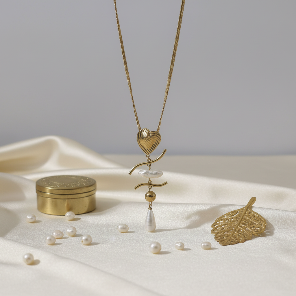 Artistic Golden Heart and Pearl Pendant Necklace | 18k gold plated