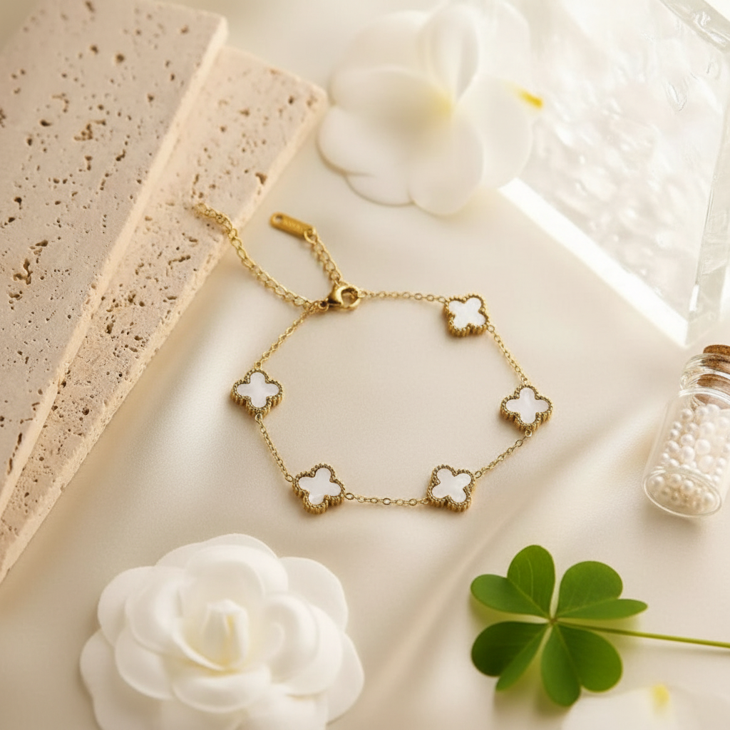 Luxury 18K Gold-Plated White Clover Bracelet | Anti-Tarnish | Adjustable