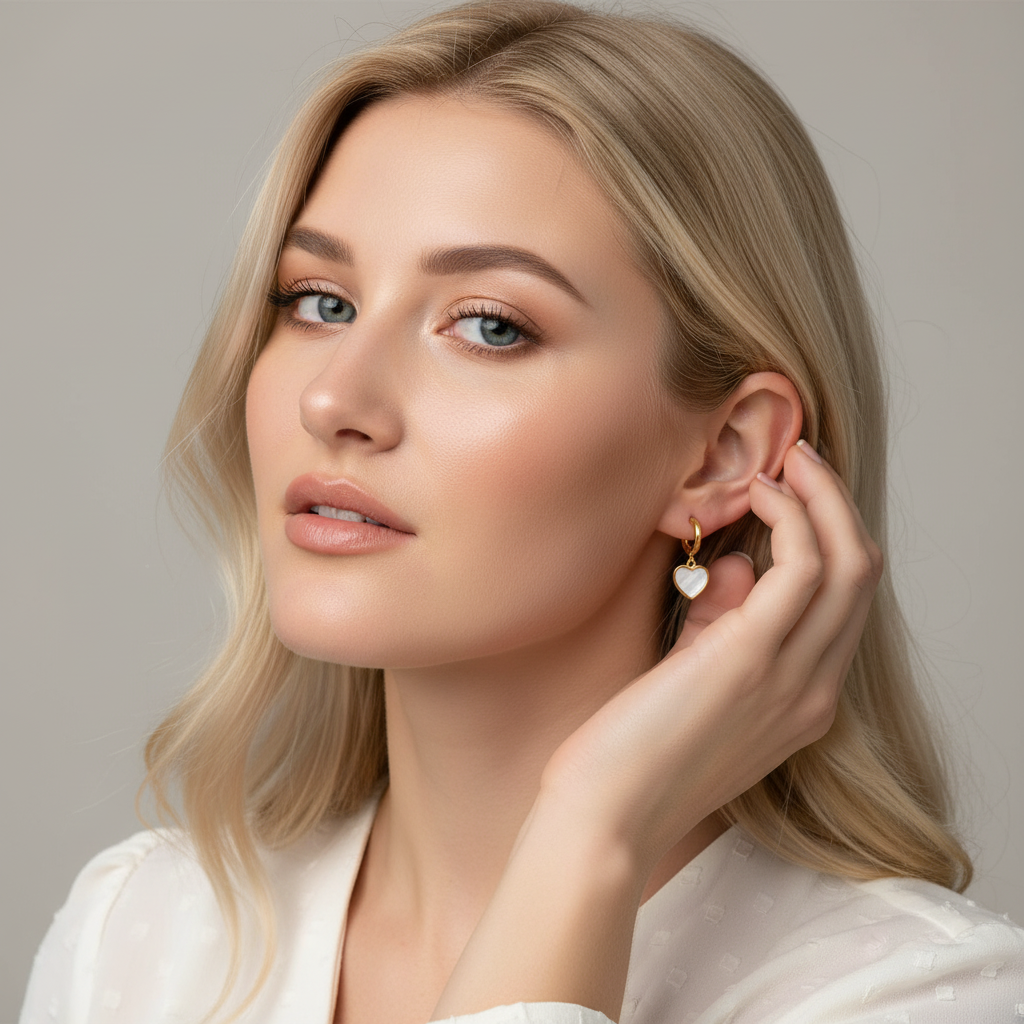 Gold Heart White Steel Inlay Huggie Earrings | 18k gold plated