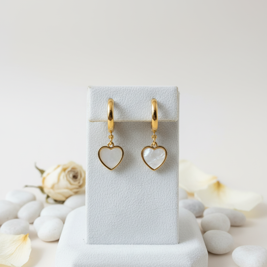 Gold Heart White Steel Inlay Huggie Earrings | 18k gold plated
