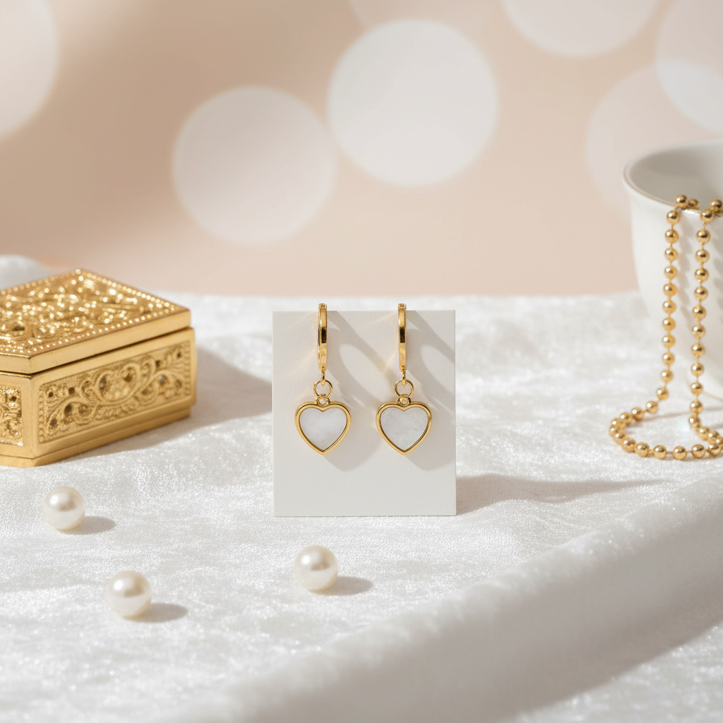 Gold Heart White Steel Inlay Huggie Earrings | 18k gold plated