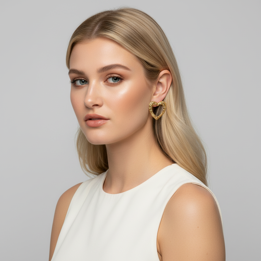 Gold Textured Open Heart Earrings – Statement Chunky Heart Hoops for Women | Lightweight Fashion Jewelry